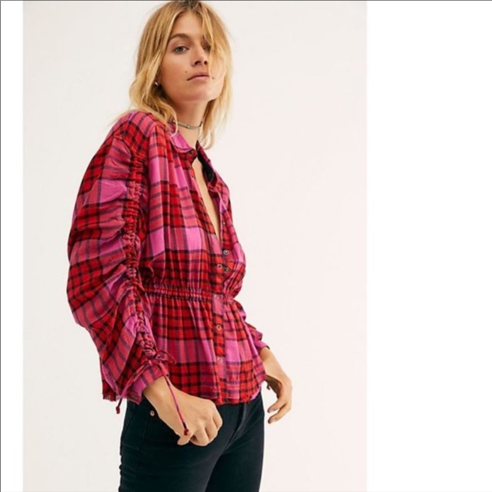 Free People Vibrant Red and Pink Plaid Shirt